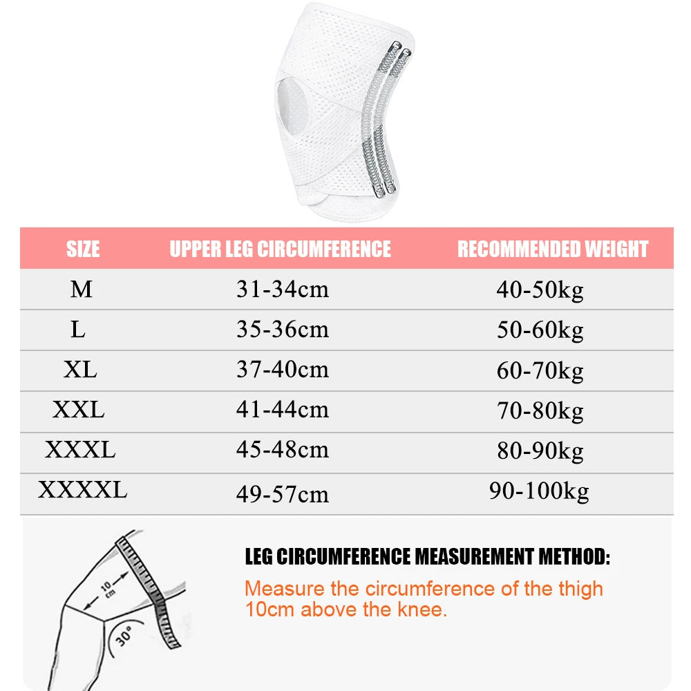White pressurized sports knee support brace by Zorelie.co with size chart and leg circumference measurement instructions