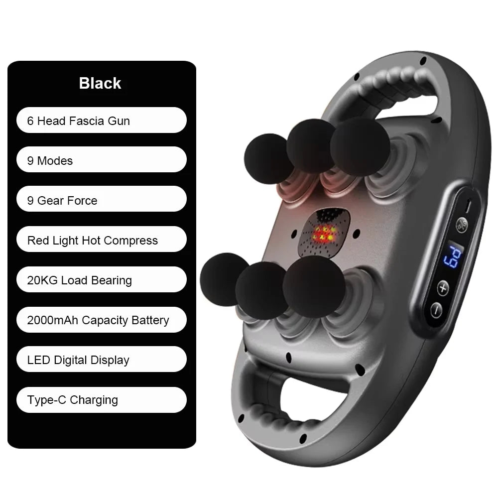 Zorelie.co professional fascia massage gun black with 6 heads 9 modes LED display and Type-C charging