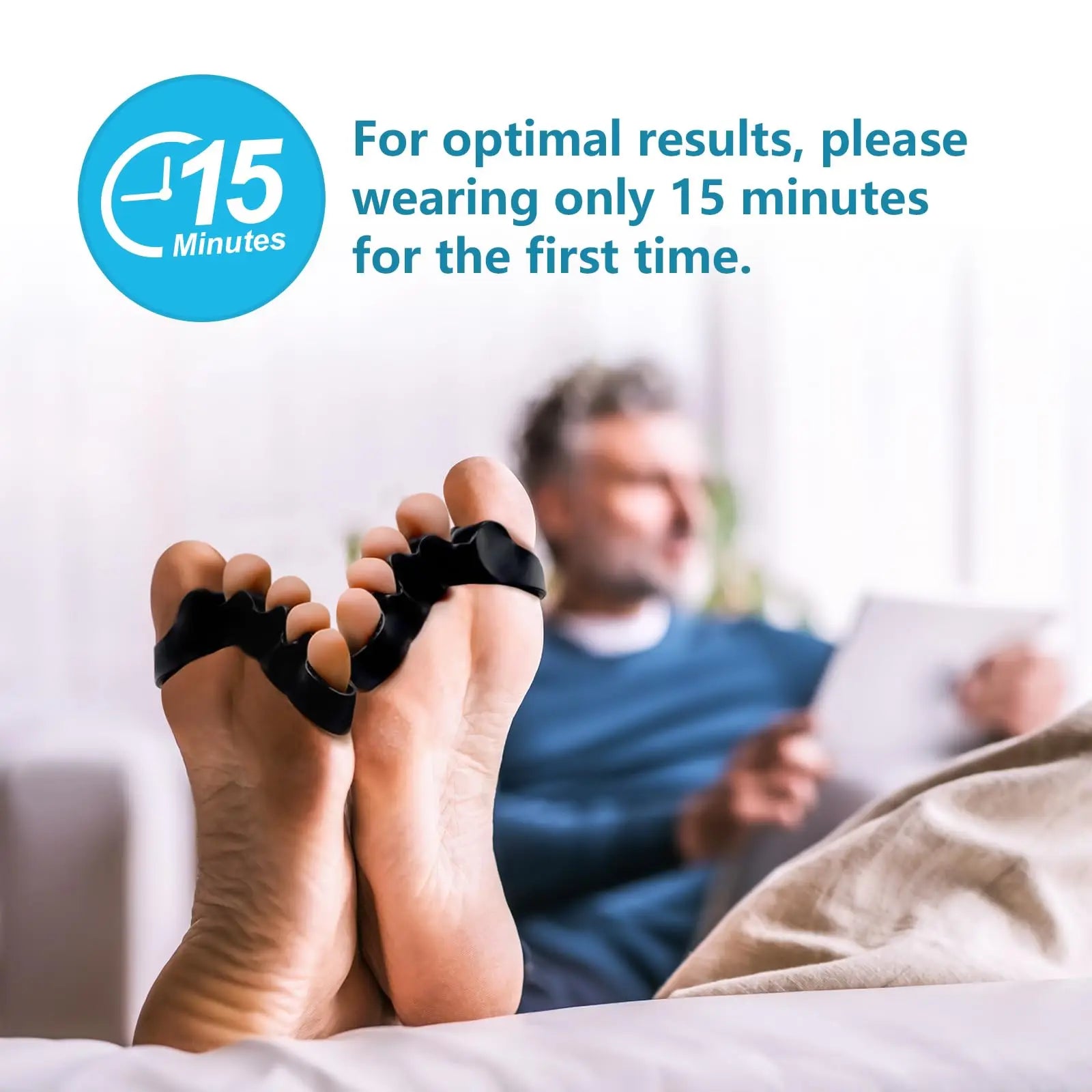 Feet wearing black toe separators for bunion relief with text about wearing 15 minutes for optimal results