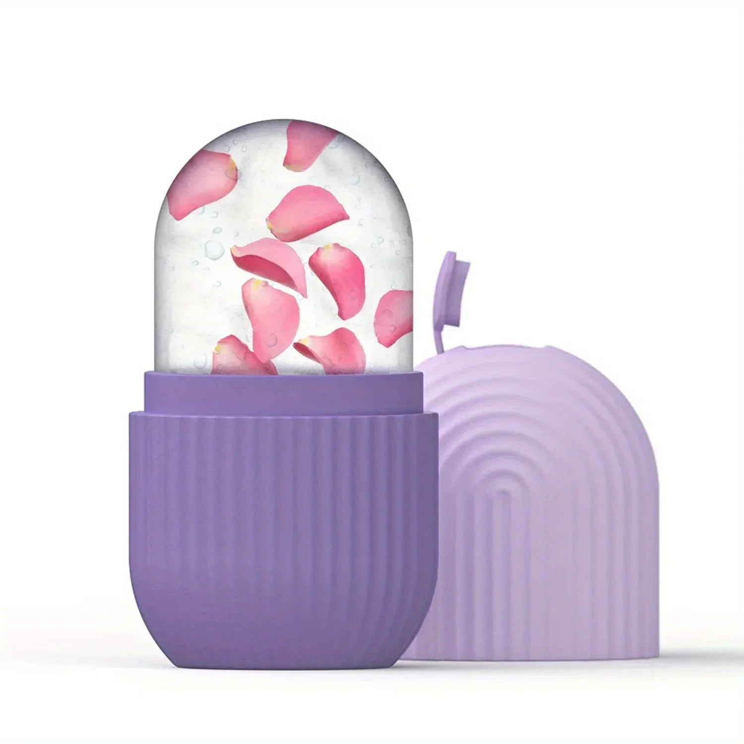 Purple ice roller for face and eyes with clear roller filled with pink flower petals and matching cap