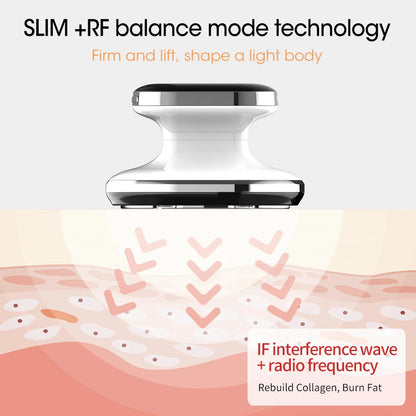 Zorelie.co radio frequency slimming machine showing RF balance mode technology for firming and lifting skin