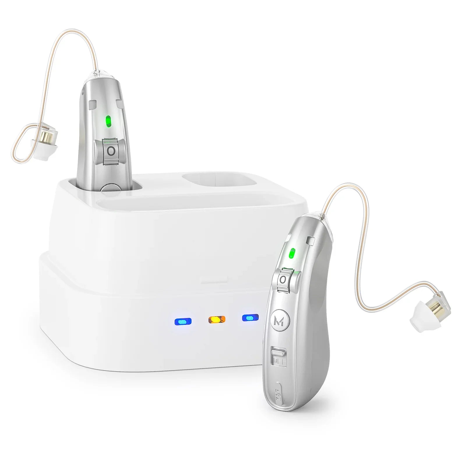 Zorelie.co rechargeable digital hearing aid in silver with charging dock and LED indicators