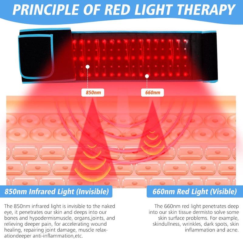 Zorelie red light therapy belt for pain relief showing 850nm infrared and 660nm visible red light penetrating skin layers