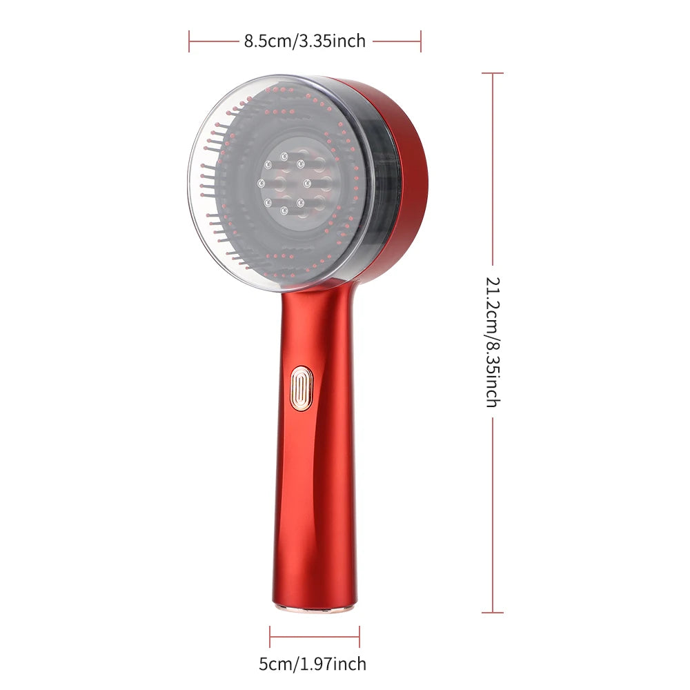 Red handheld scalp massager for hair growth with ergonomic handle and protective cover
