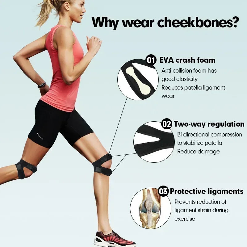 Woman running wearing knee protection fitness equipment with EVA foam and protective ligaments support
