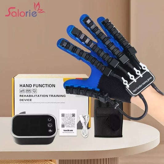Hand wearing blue and black hand rehabilitation robot gloves connected to control device for therapy