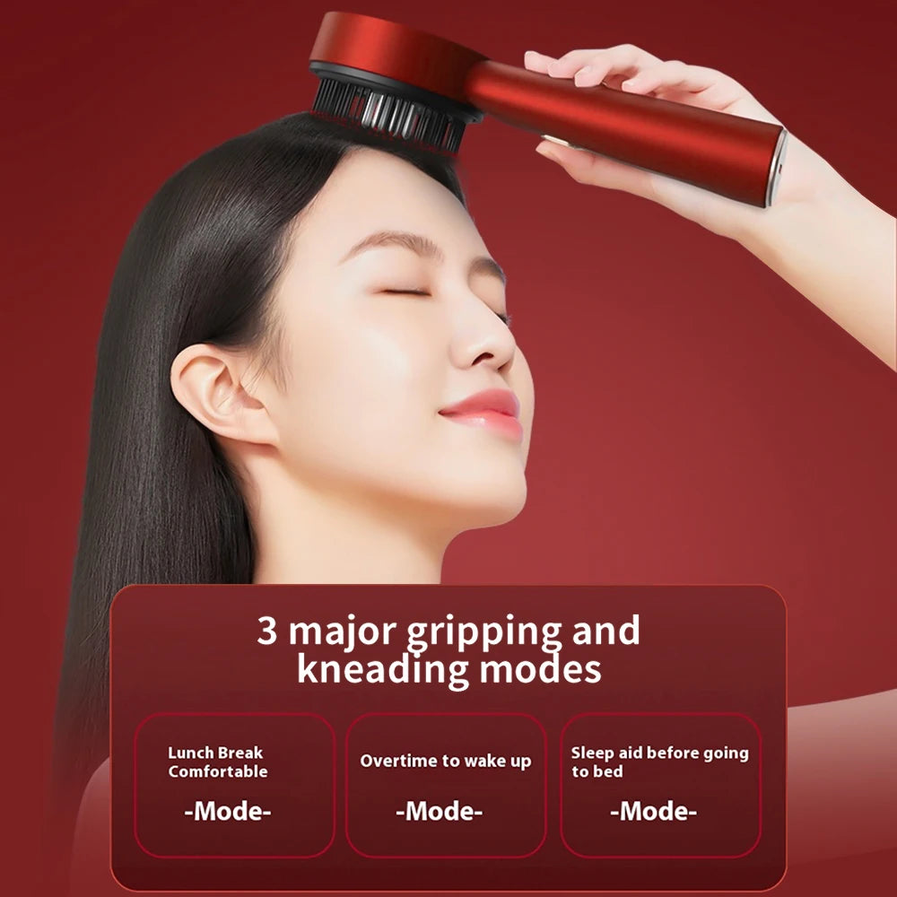 Woman using red scalp massager for hair growth with three kneading modes on her head