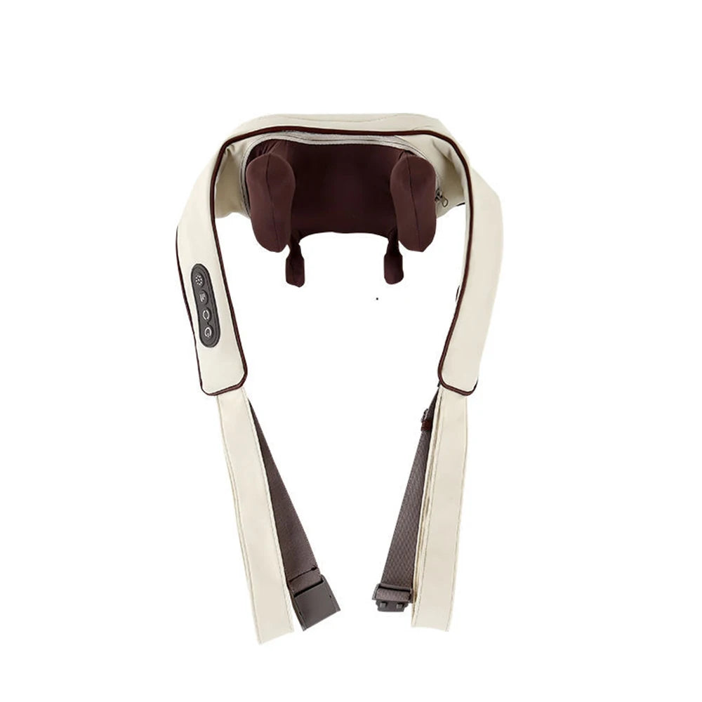 Beige and brown intelligent neck and shoulder massager with control buttons and adjustable straps