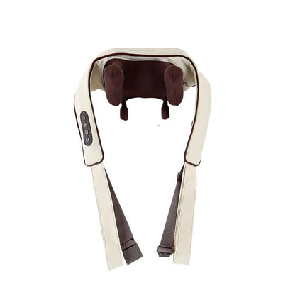 Beige and brown intelligent neck and shoulder massager with control buttons and adjustable straps