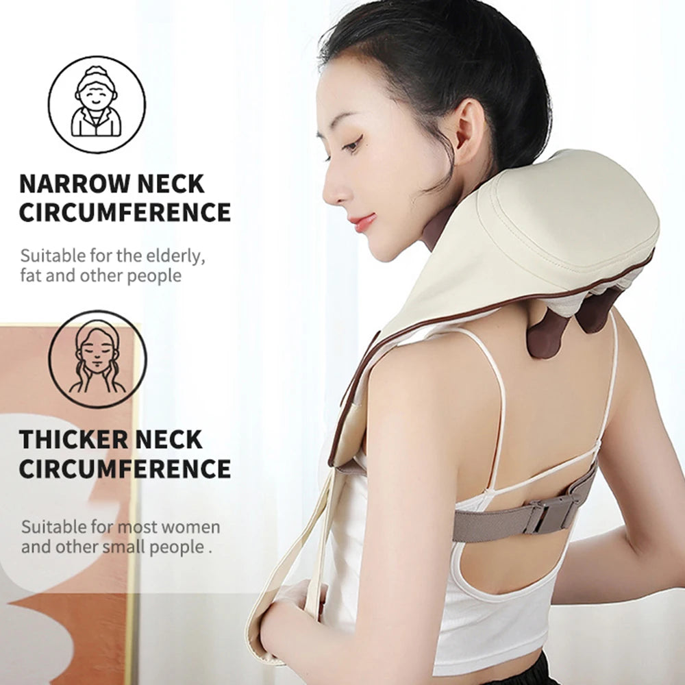 Woman using Zorelie.co intelligent neck and shoulder massager designed for narrow and thicker neck circumferences