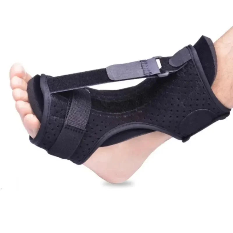 Zorelie.co black plantar fasciitis night splint worn on foot with adjustable straps for support
