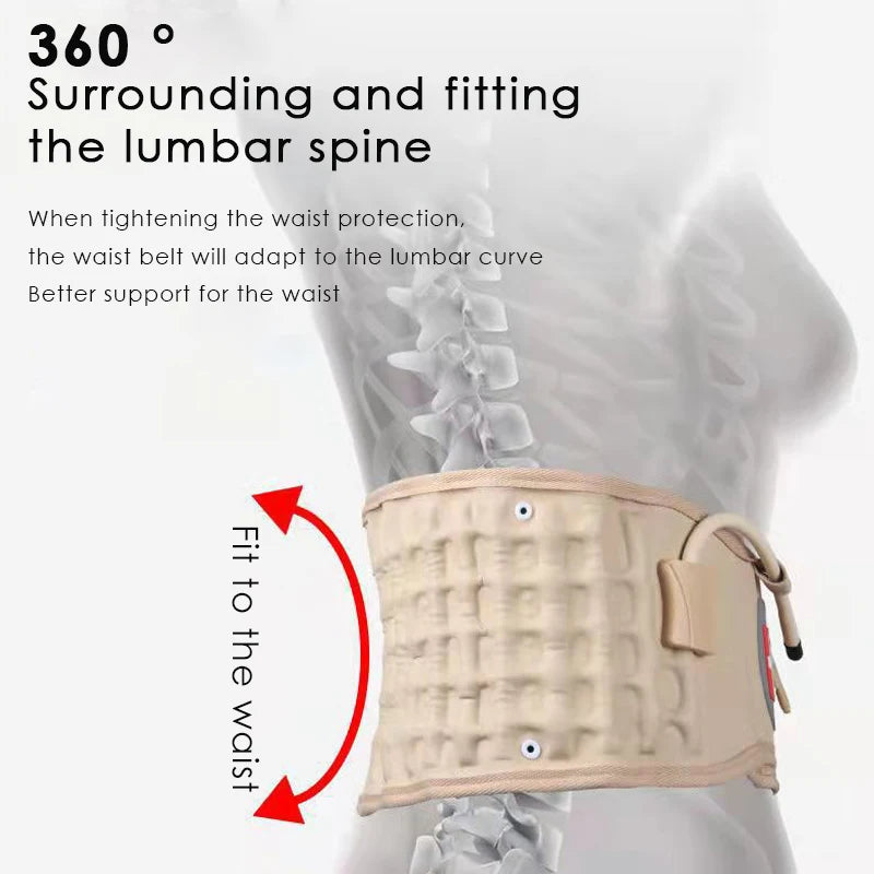 Inflatable lumbar traction belt providing 360 degree support and fitting the lumbar spine for better waist support