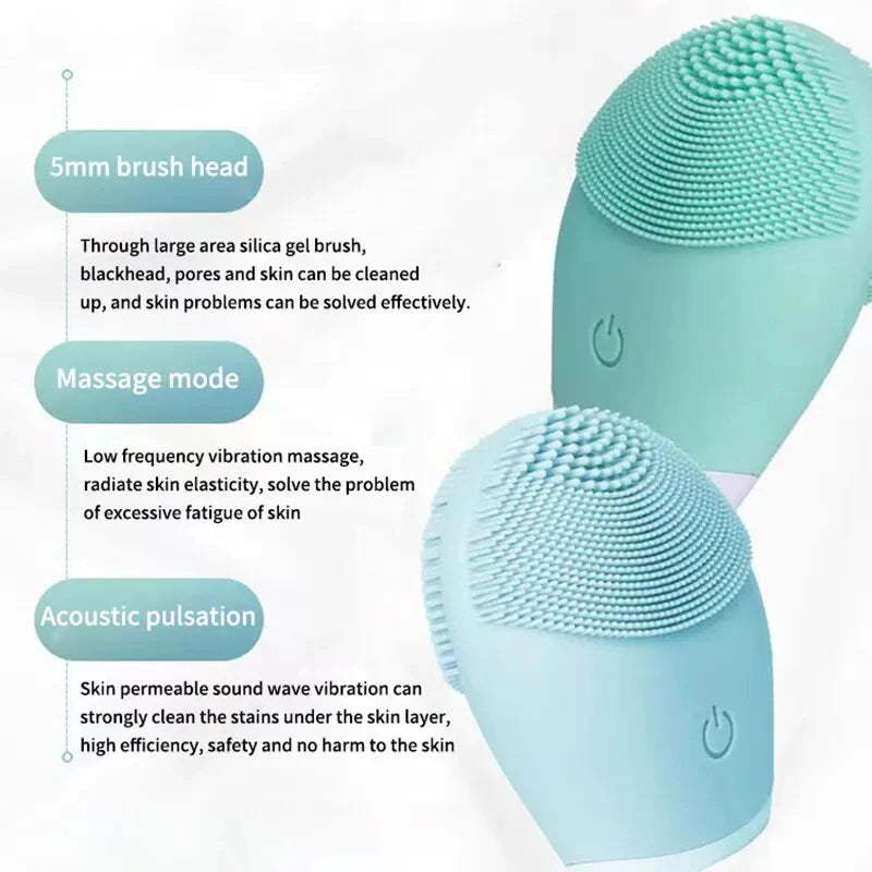 Zorelie.co silicone facial cleansing brush in blue and teal with soft silicone bristles and vibration features