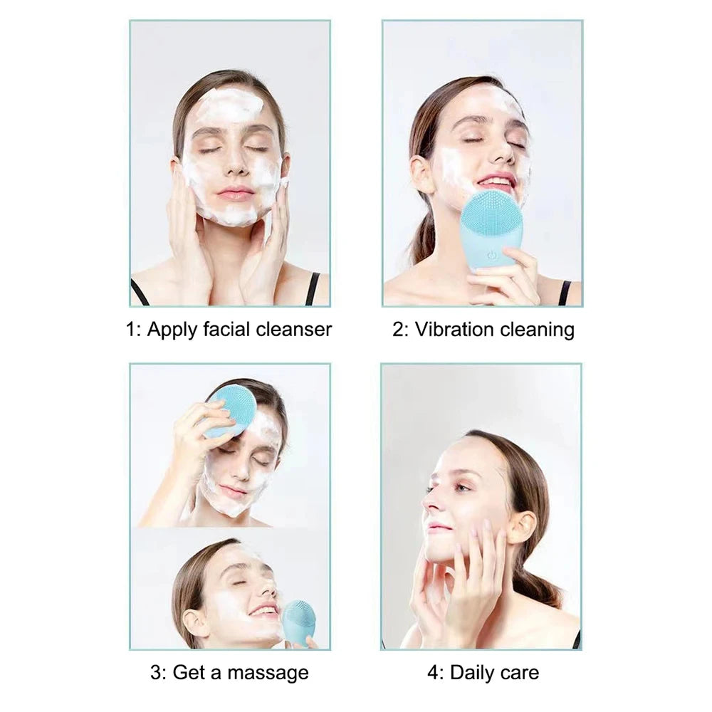 Step-by-step skincare routine using a silicone facial cleansing brush for cleansing and massage
