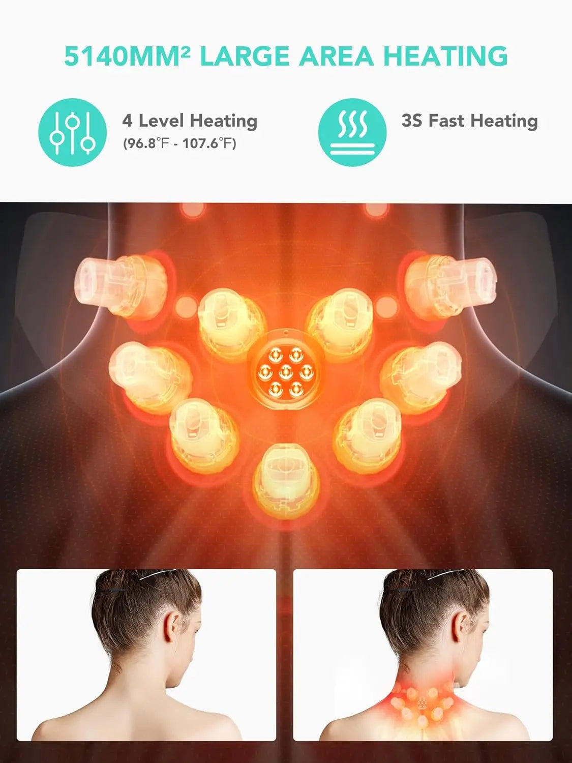 Cordless neck massager with heat showing large area heating and 4 level heat settings for fast relief