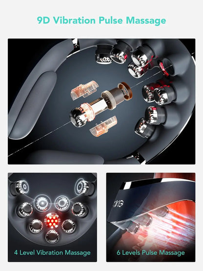 Cordless neck massager with heat featuring 9D vibration pulse, 4 level vibration, and 6 level pulse massage