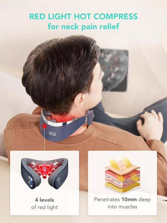 Cordless neck massager with heat using red light hot compress for neck pain relief with 4 levels of red light penetration