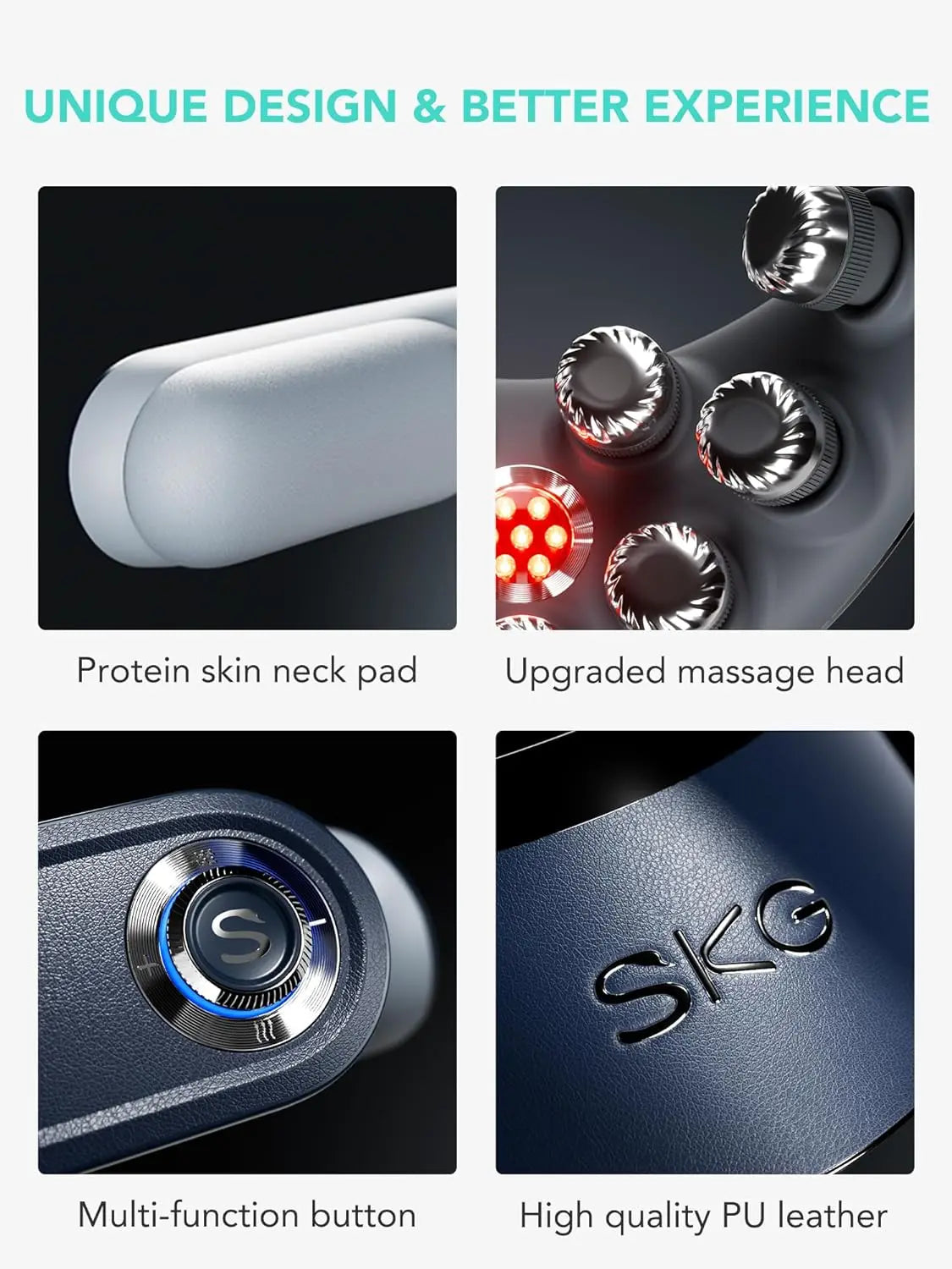 Close-up details of cordless neck massager with heat showing protein skin neck pad, upgraded massage heads, multi-function button, and PU leather