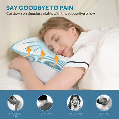 Woman sleeping peacefully using orthopedic pillow for neck pain relief to reduce shoulder pain and headaches