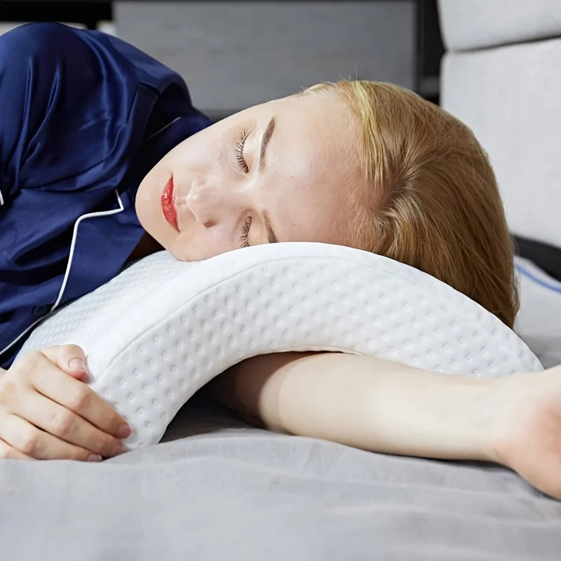 Woman sleeping comfortably with white slow rebound memory foam pillow under arm and head