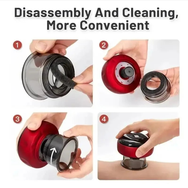 Smart electric cupping massager showing disassembly and cleaning steps for easy maintenance