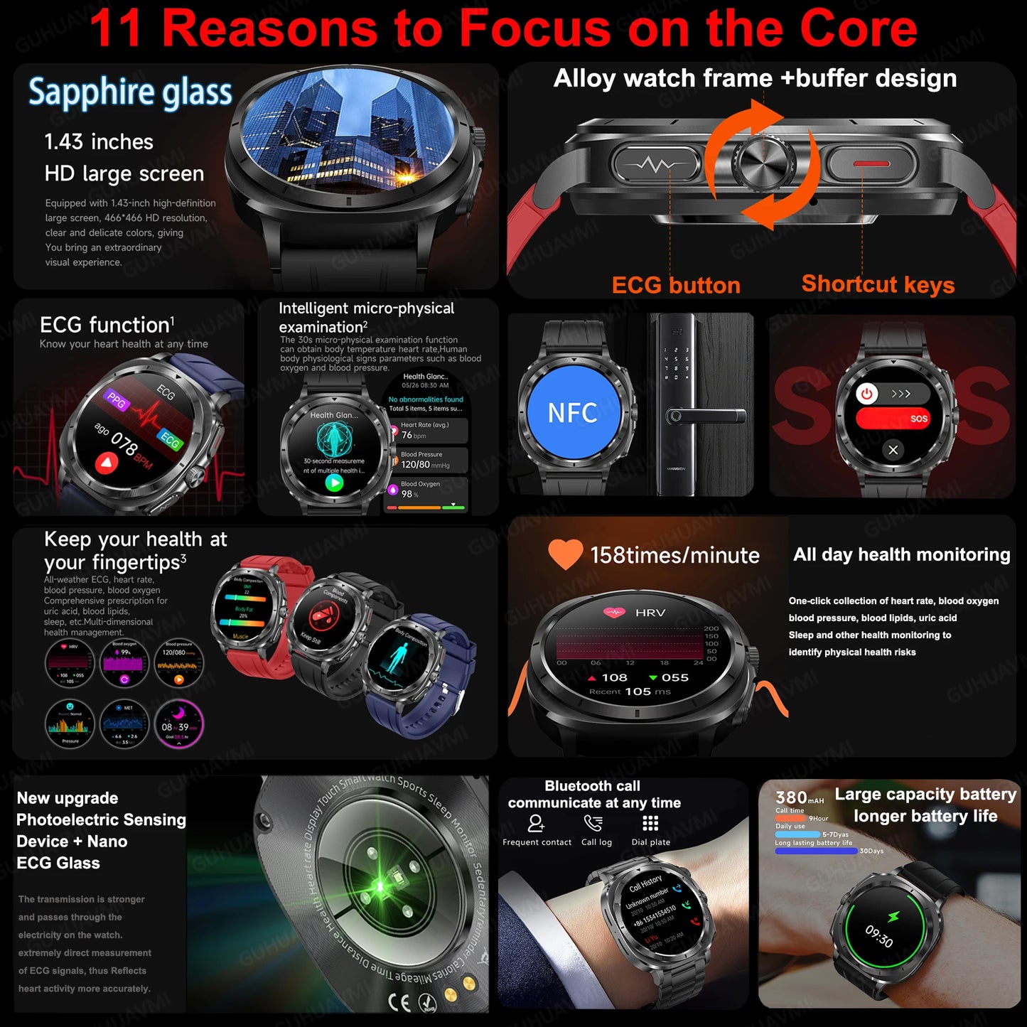 Zorelie.co smart health watch blood pressure with sapphire glass, ECG function, NFC, and long battery life