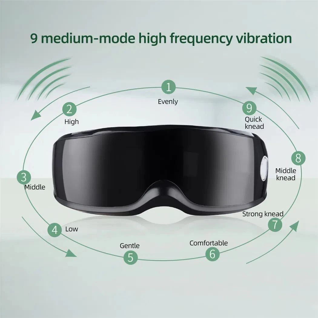 Zorelie.co smart heated eye massager in black with 9 medium-mode high frequency vibration settings