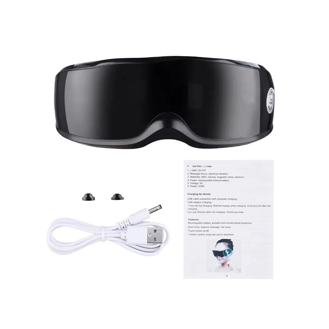 Zorelie.co black smart heated eye massager with USB charging cable and user manual