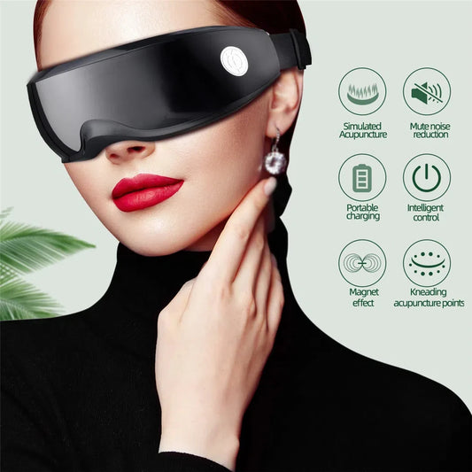 Woman wearing Zorelie.co smart heated eye massager with simulated acupuncture and noise reduction features