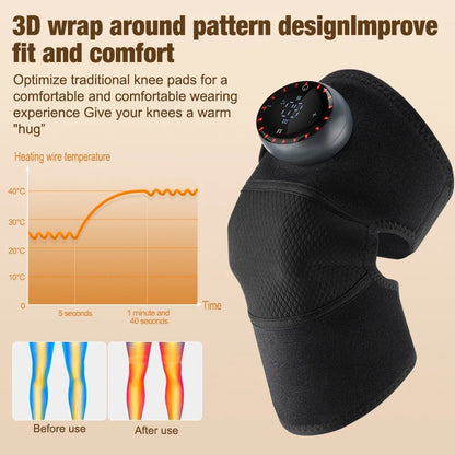 Black smart heating knee massager with 3D wrap design for improved fit and comfort
