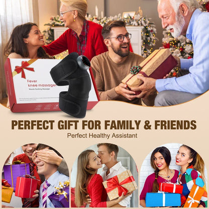 Smart heating knee massager by Zorelie.co shown as a perfect gift for family and friends with packaging and happy people exchanging presents