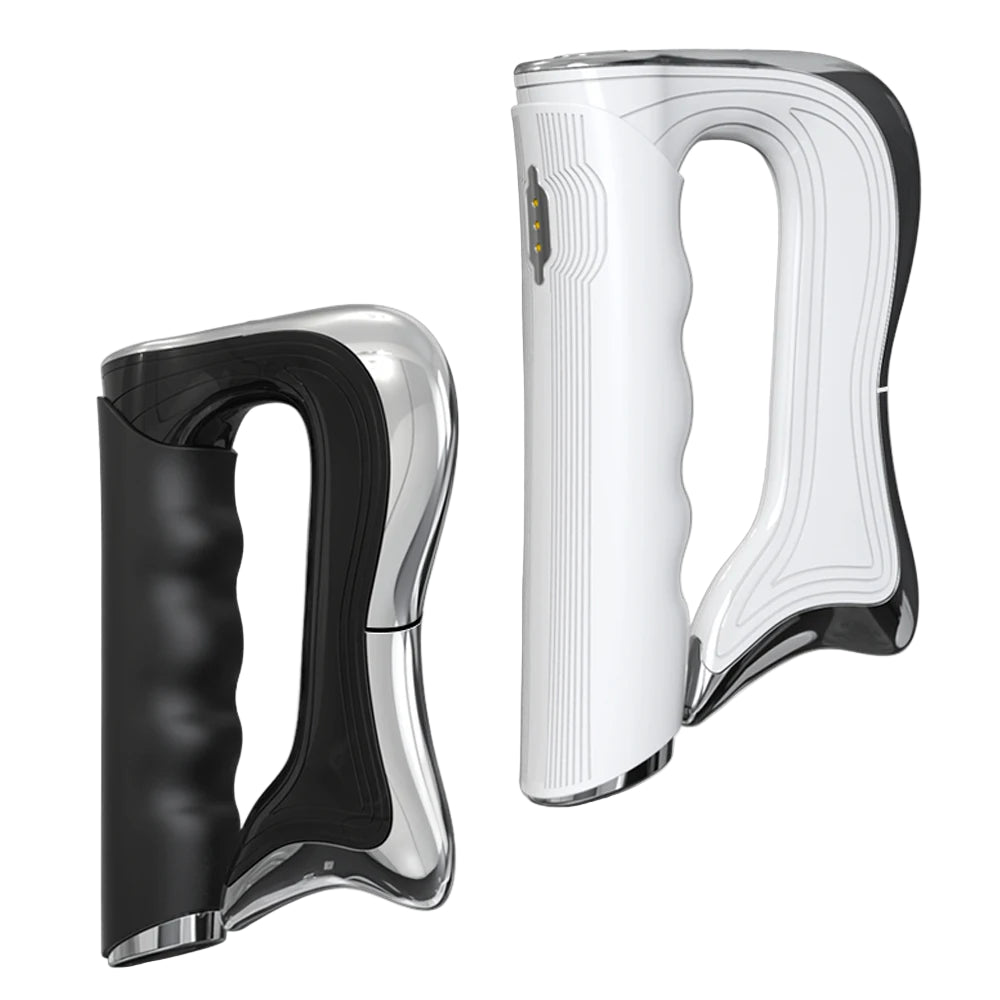 Black and white smart muscle recovery tool with ergonomic grip handles for effective therapy