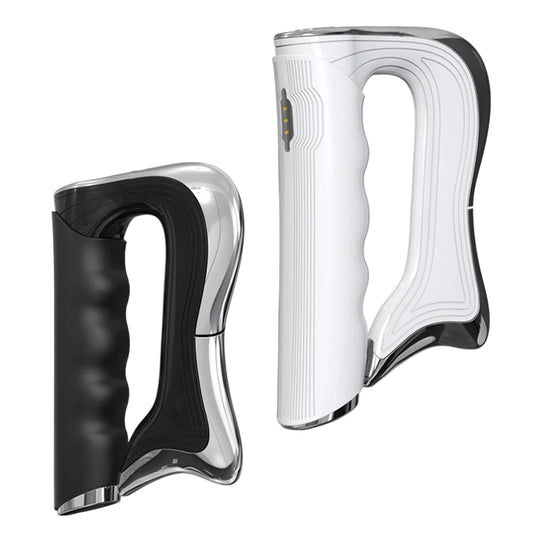 Black and white smart muscle recovery tool with ergonomic grip handles for effective therapy