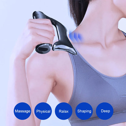 Smart muscle recovery tool used on shoulder for deep massage and physical relaxation