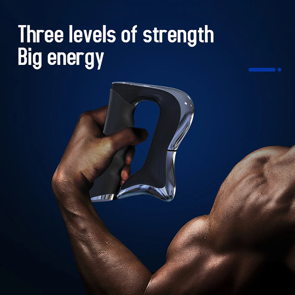 Smart muscle recovery tool held by muscular arm with three levels of strength for big energy