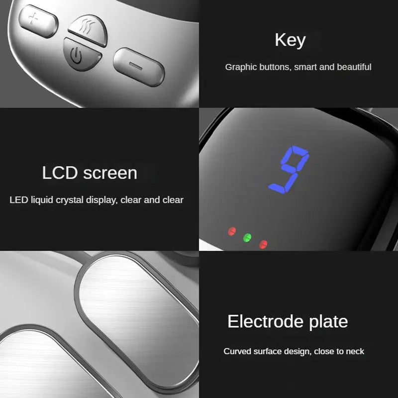 Smart neck massager with heat featuring graphic buttons, LCD screen, and curved electrode plates close to neck