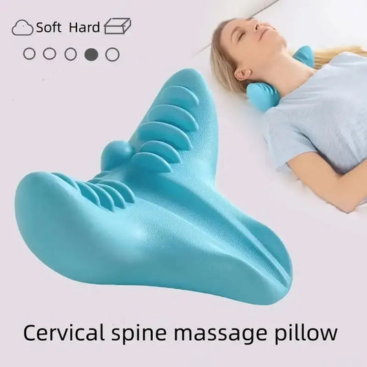 Blue neck and shoulder relaxer pillow designed for cervical spine massage and pain relief