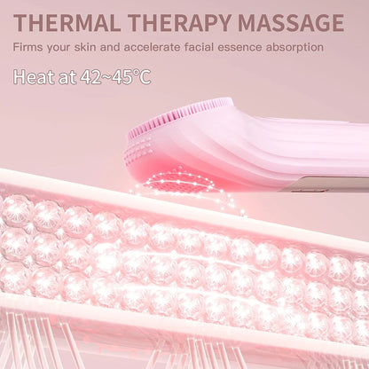 Pink sonic facial cleansing brush with thermal therapy massage heating up to 42-45 degrees Celsius