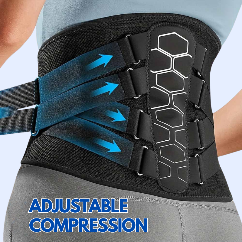 Adjustable lumbar back brace for pain relief with compression straps and breathable mesh design