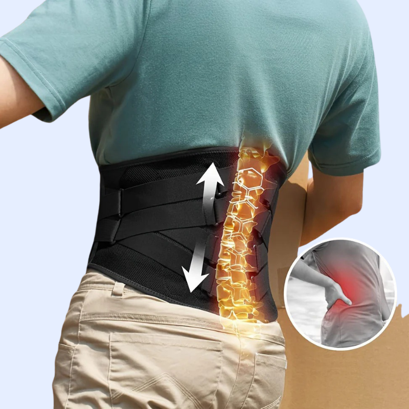 Person wearing a black lumbar back brace for pain relief with highlighted spine and support arrows