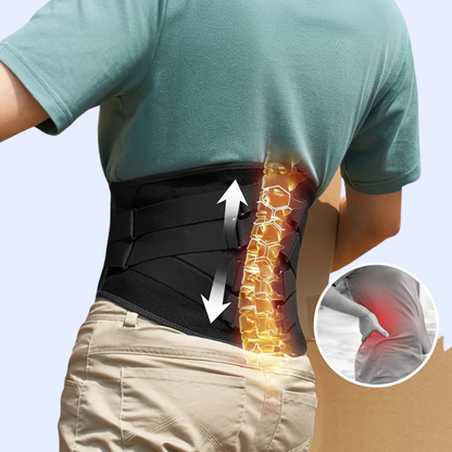 Person wearing a black lumbar back brace for pain relief with highlighted spine and support arrows