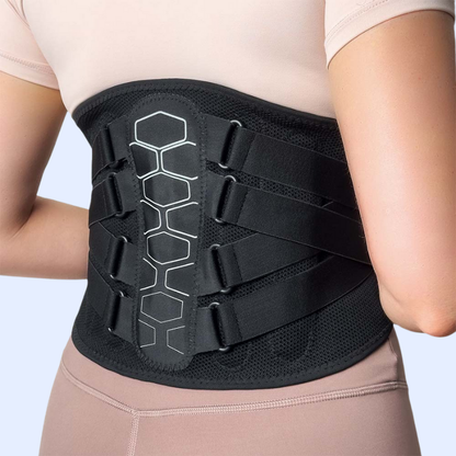 Black lumbar back brace for pain relief worn on lower back with adjustable straps and support panel