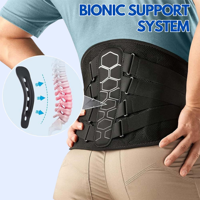 Zorelie.co lumbar back brace for pain relief with bionic support system worn on lower back