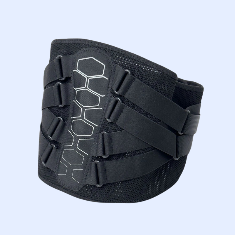 Black lumbar back brace for pain relief with adjustable straps and supportive design by Zorelie.co