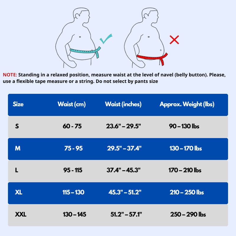 Sizing chart for lumbar back brace for pain relief showing waist measurements in cm inches and weight ranges for sizes S to XXL