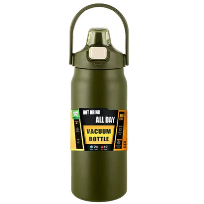 Green stainless steel thermos bottle with handle and vacuum insulation for hot drinks