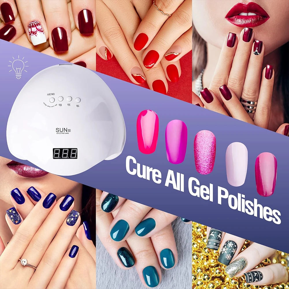 Zorelie.co professional UVLED nail lamp for curing all gel polishes with multiple nail color examples