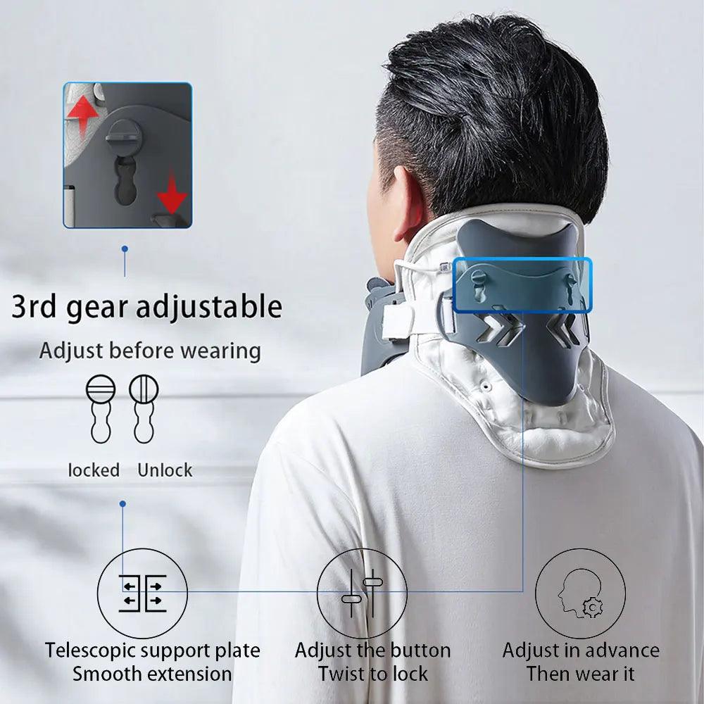 Zorelie neck posture support device worn on a man's neck with adjustable buttons and telescopic support plate