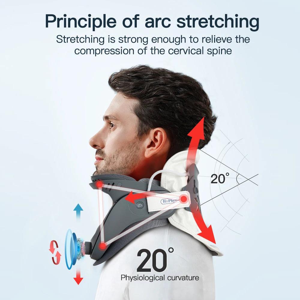 Man wearing Zorelie neck posture support device demonstrating 20 degree arc stretching to relieve cervical spine compression
