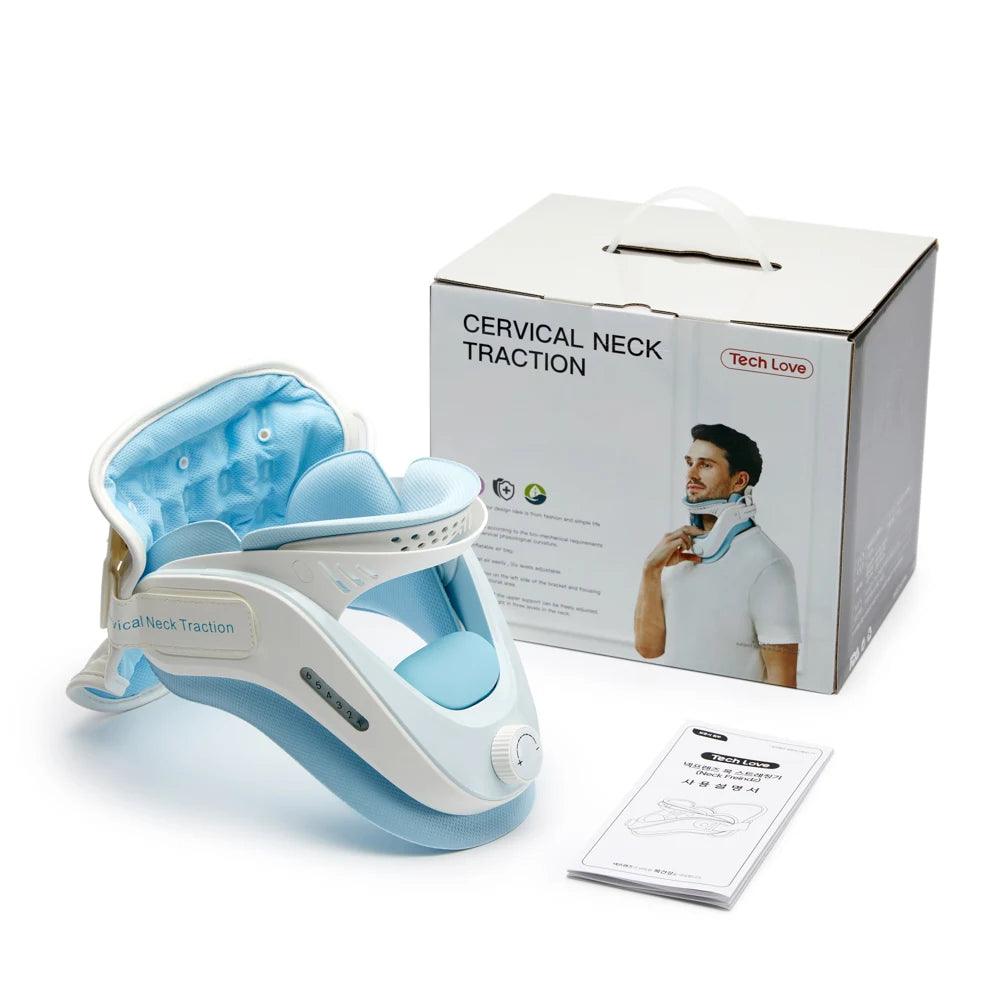 Zorelie neck posture support device with cervical neck traction and adjustable features next to instruction manual and packaging box